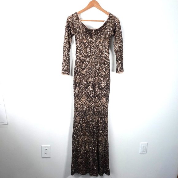 Brown Evening Dress XS Long Gown Sequin Off The Shoulder Maxi Allover Formal USA - Picture 8 of 11